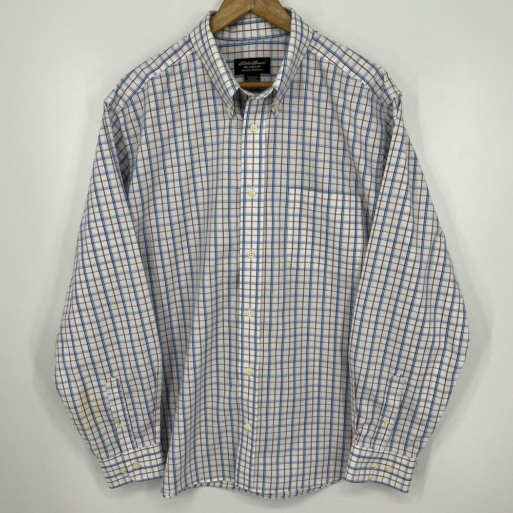 Eddie Bauer Mens Relaxed Fit Wrinkle Resistant Plaid Button Down Shirt Large